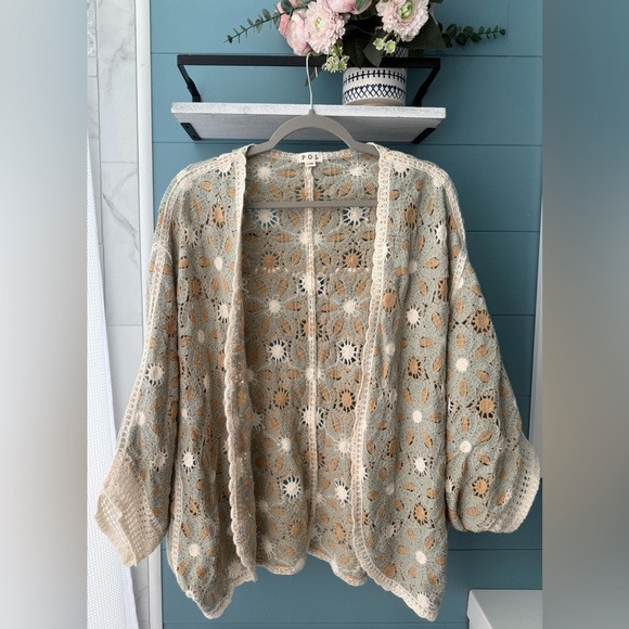POL Daisy Crochet Floral Dolman Sleeve Cardigan Boho Open Front One Size - Picture 2 of 11